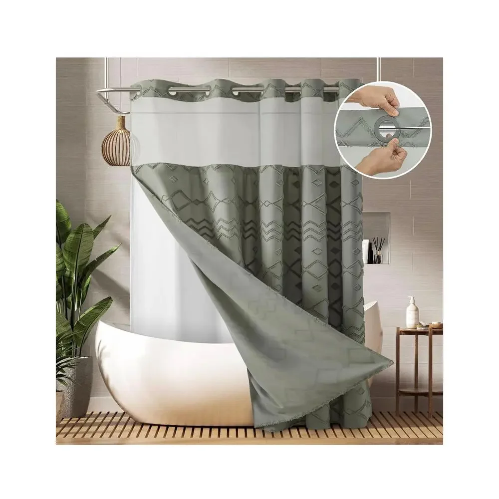 PANGSINNE Boho Farmhouse Tufted Chevron Striped Textured Shower Curtain Gray